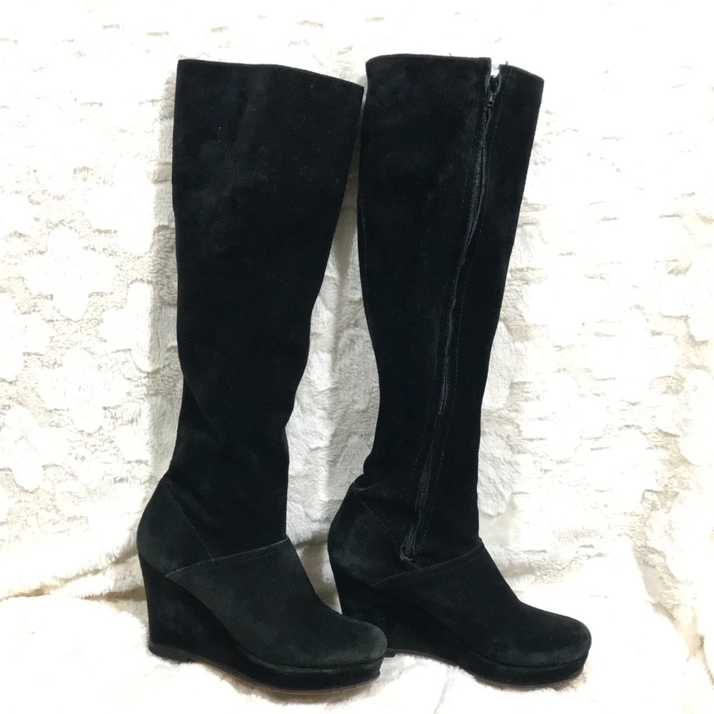 DVF Black Suede Wedge Knee High Boots